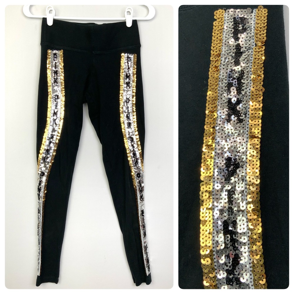 PINK Victoria's Secret Sz XS Black Sequin Logo Side Stripe Leggings Yoga